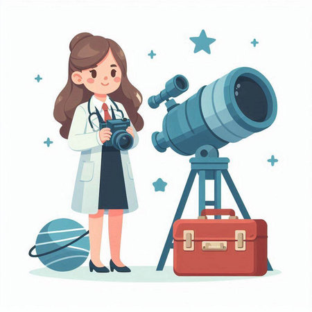 Vector illustration of a girl in a white coat with a telescope and a suitcaseのイラスト素材