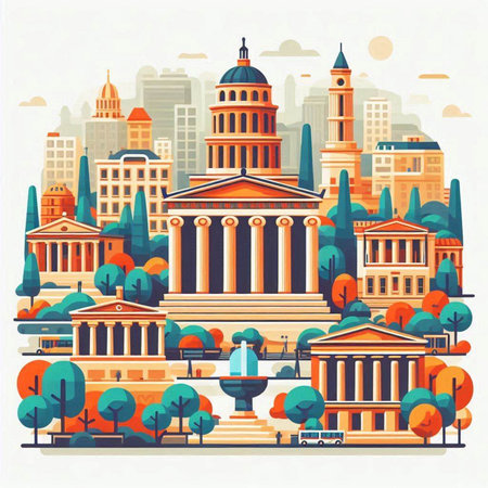 Cityscape with famous buildings and trees. Vector illustration in flat styleのイラスト素材