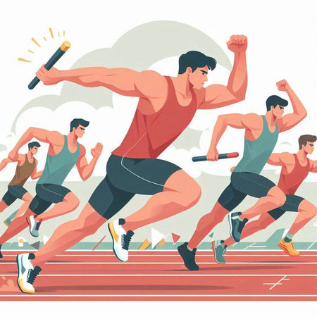 Group of men running in track and field. Flat style vector illustration.のイラスト素材