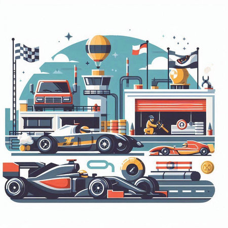 Cars on the racetrack. Vector illustration in flat styleのイラスト素材