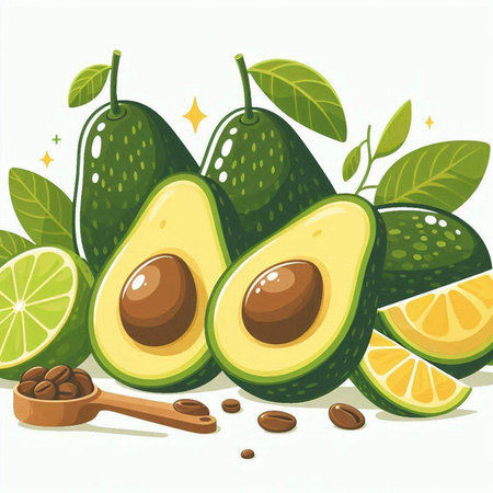 Avocado with lime and coffee beans on white background. Vector illustration.のイラスト素材