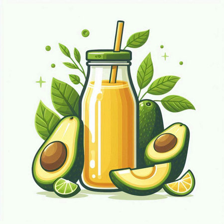 Avocado smoothie in a glass bottle. Vector illustration on white background.のイラスト素材