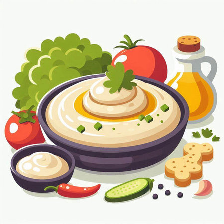 Illustration of hummus with vegetables in a bowl. Vector illustration.のイラスト素材