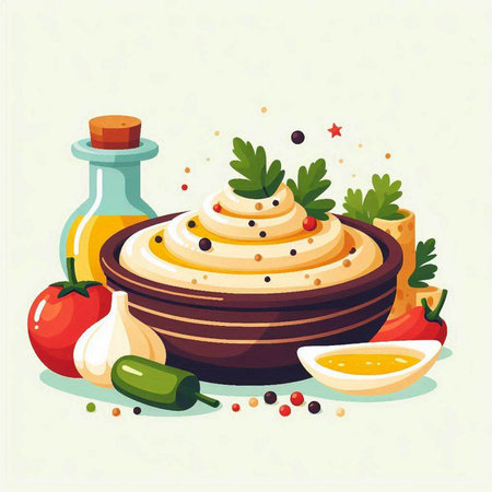 Bowl of hummus with vegetables and olive oil. Vector illustration.のイラスト素材
