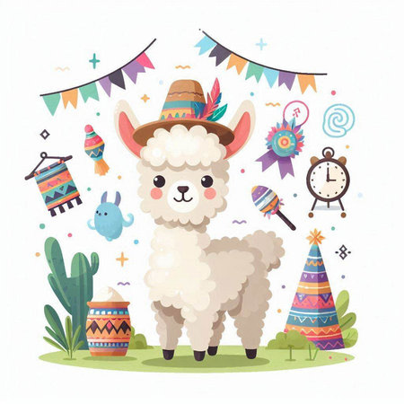 Cute llama in hat with party elements. Vector illustration.のイラスト素材