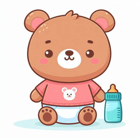 Cute cartoon teddy bear with baby bottle. Vector illustration.のイラスト素材