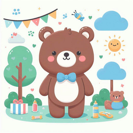 Cute cartoon bear with gifts and balloons in the park. Vector illustration.のイラスト素材
