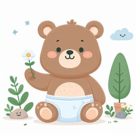 Cute bear sitting on the ground in the forest. Vector illustration.のイラスト素材