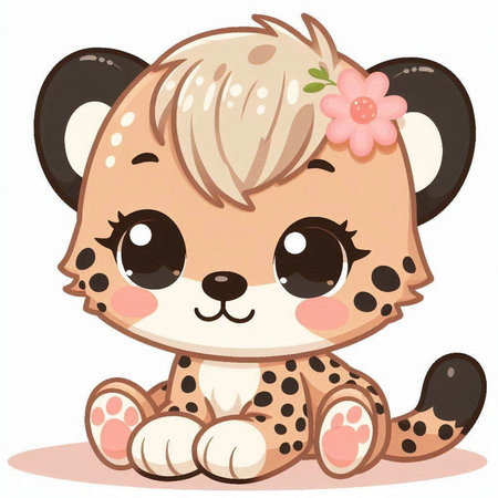 Illustration of a Cute Cheetah with a Flower Wreathのイラスト素材