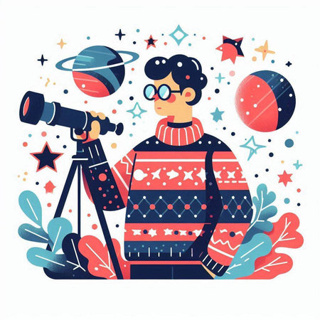 Astronaut with telescope. Vector illustration in flat cartoon style.のイラスト素材