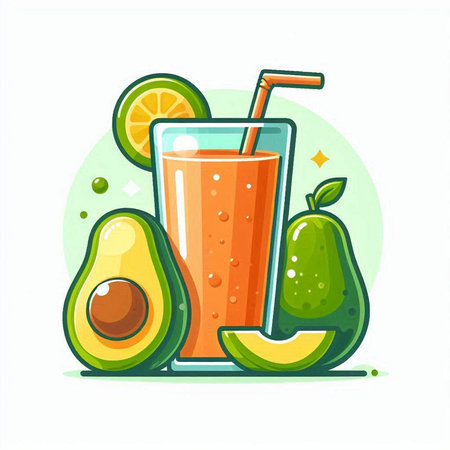 Avocado juice in glass with straw and lime. Vector illustration.のイラスト素材