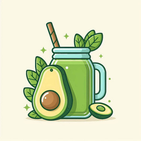 Avocado smoothie in a jar with a straw. Vector illustration.のイラスト素材