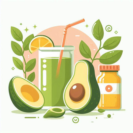 Avocado smoothie and ingredients. Vector illustration in flat style.のイラスト素材