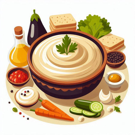 Vector illustration of hummus with ingredients for cooking on white background.のイラスト素材