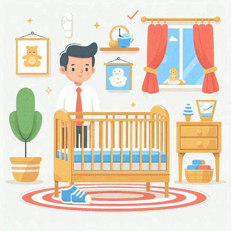 Vector illustration of a man in a baby room with furniture and toysのイラスト素材