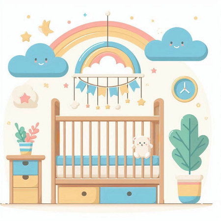 Cute baby room with cot, rainbow and clouds. Vector illustrationのイラスト素材