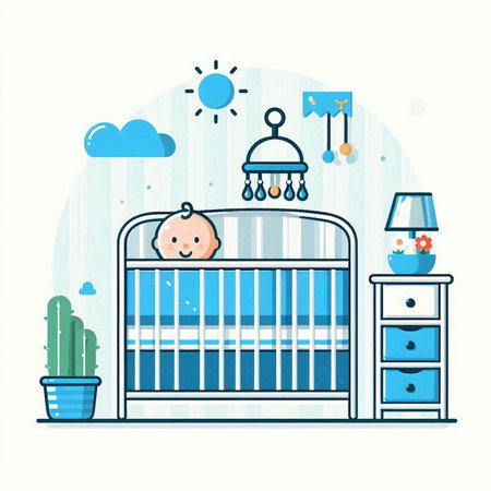 Cute baby boy in a crib. Vector illustration in flat style.のイラスト素材