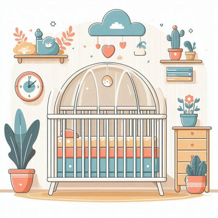 Baby room interior with cot, cot, bookshelf, clock and plants. Vector illustration.のイラスト素材