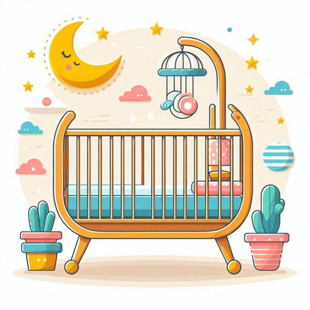 Cute cartoon baby cot. Vector illustration for childrens design.のイラスト素材