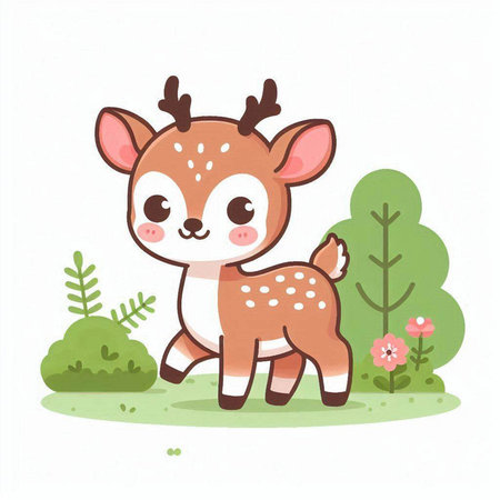 Cute little deer in the forest. Vector illustration. Cartoon character.のイラスト素材
