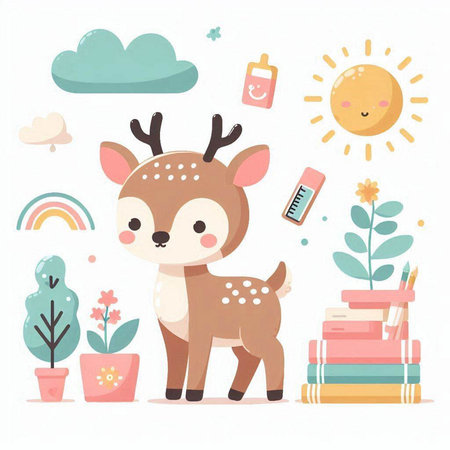 Cute cartoon deer with books, sun, cloud and flowers. Vector illustration.のイラスト素材