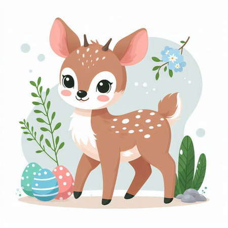 Cute cartoon baby deer with easter eggs. Vector illustration.のイラスト素材