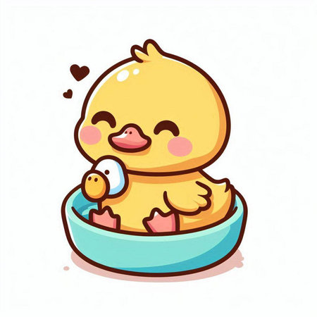 Cute yellow duck in bowl cartoon vector illustration isolated on white background.のイラスト素材