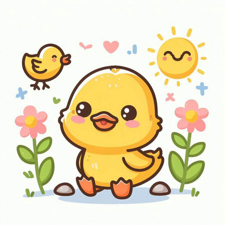 Cute little chicken cartoon character with flowers and sun. Vector illustration.のイラスト素材