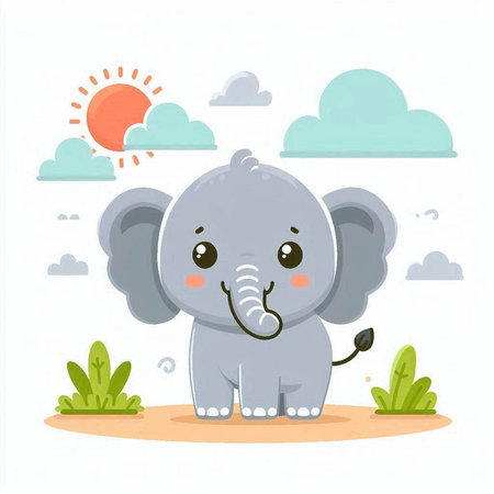 Cute cartoon elephant on the background of the nature. Vector illustrationのイラスト素材