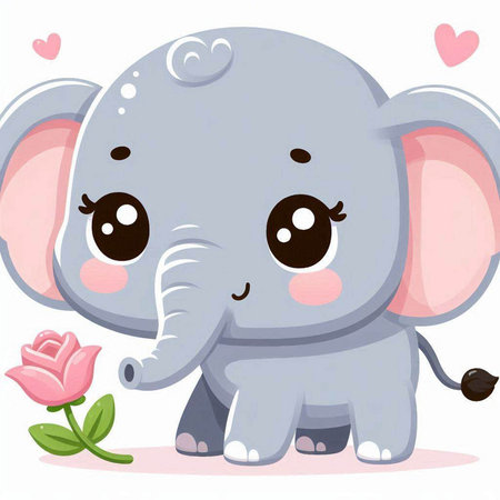Cute baby elephant with flower on white background. Vector illustration.のイラスト素材