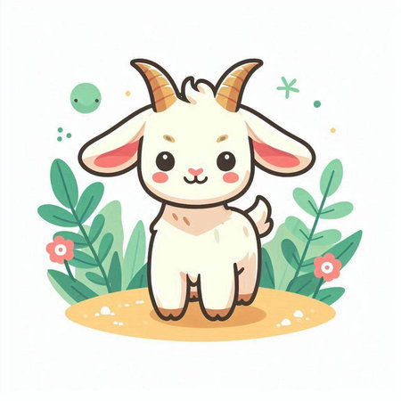 Cute cartoon goat on the background of the garden. Vector illustration.のイラスト素材