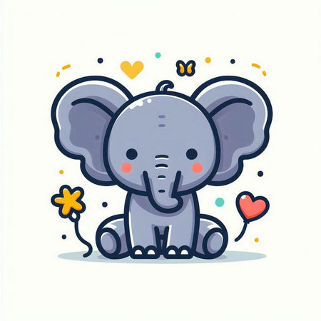 Cute cartoon elephant with hearts and flowers isolated on white background. Vector illustration.のイラスト素材