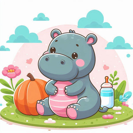 Illustration of a Cute Hippo Sitting on a Grass with a Bottle of Milkのイラスト素材
