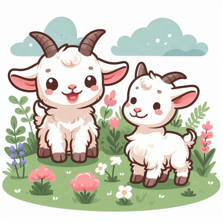 Illustration of Cute Goat and Baby Goat on a Meadow with Flowersのイラスト素材