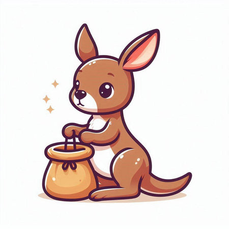 Cute kangaroo sitting with a bag of food. Vector illustration.のイラスト素材