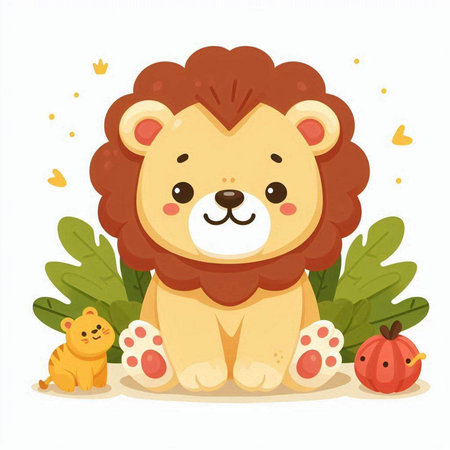 Cute lion sitting on the ground. Vector illustration in cartoon style.のイラスト素材