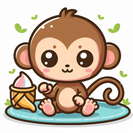 Cute monkey with ice cream on white background. Vector illustration.のイラスト素材