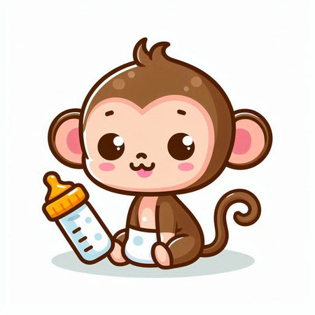 Cute baby monkey with a bottle of milk. Vector illustration.のイラスト素材