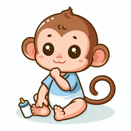 Cute baby monkey sitting with bottle of milk. Vector illustration.のイラスト素材