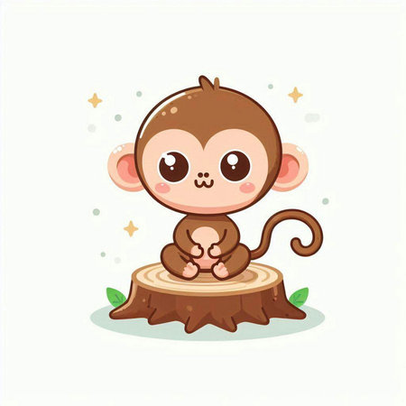 Cute cartoon monkey sitting on a tree stump. Vector illustration.のイラスト素材