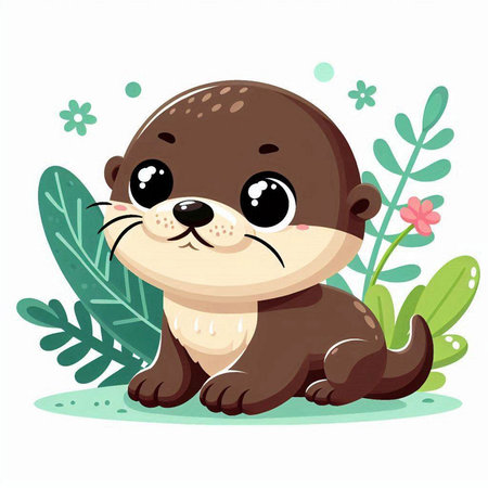 Cute cartoon otter sitting on the ground. Vector illustration.のイラスト素材