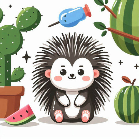 Cute cartoon hedgehog with watermelon and cactus. Vector illustration.のイラスト素材