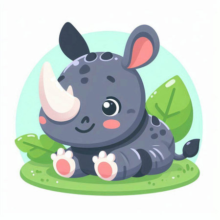 Cute cartoon rhinoceros sitting on the grass. Vector illustrationのイラスト素材
