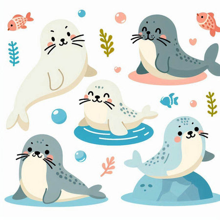 Collection of cute seals and sea animals. Vector illustration on white background.のイラスト素材