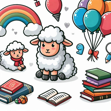 Cartoon sheep with books and balloons. Vector illustration for your designのイラスト素材