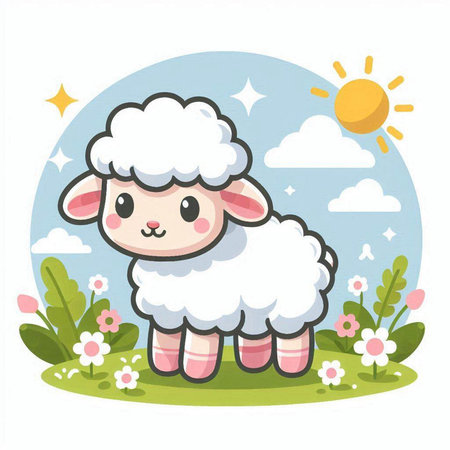 Sheep in the garden. Cute cartoon character. Vector illustrationのイラスト素材