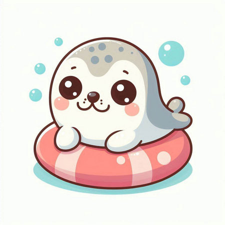 Cute baby seal on an inflatable ring. Vector illustration.のイラスト素材