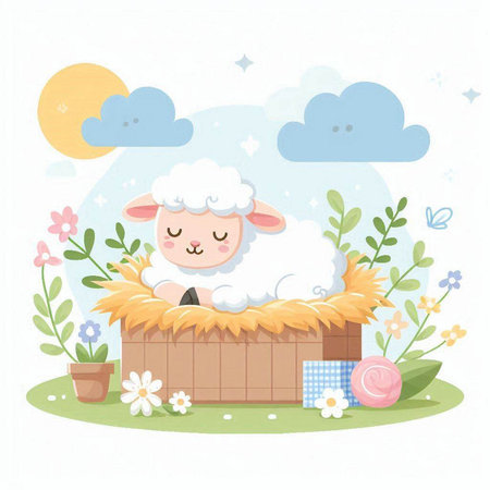Cute sheep in the nest with flowers. Vector Illustration.のイラスト素材