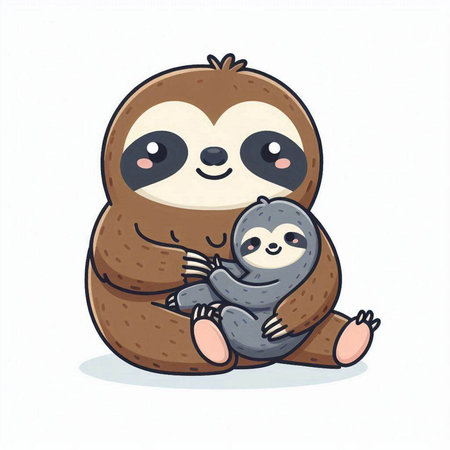 Cute cartoon sloth hugging her little baby. Vector illustration.のイラスト素材