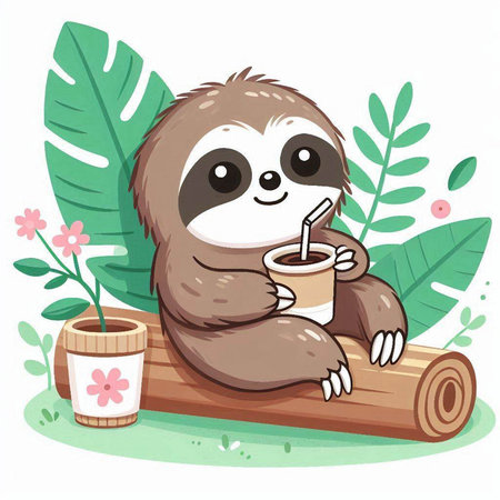 Cute sloth sitting on the log and drinking coffee. Vector illustration.のイラスト素材